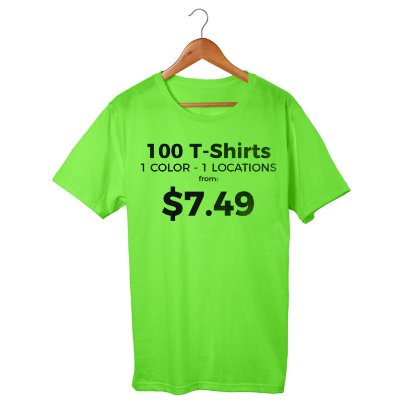 100 Custom Printed T-Shirts – 2 Locations